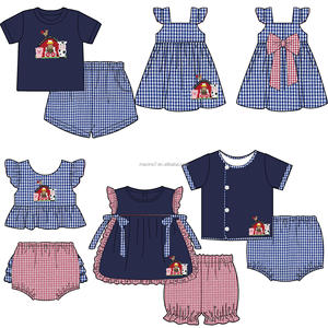 2025子供服Seersuckerファームチキンアップリケ女の子ドレスブティックボウクラフトフリル幼児用 - Product Image 1