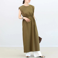 Robe longue décontractée pour femme, couleur unie, sans manches, taille à cordon, col rond, coupe ample, pour l'été, la plage et les vacances