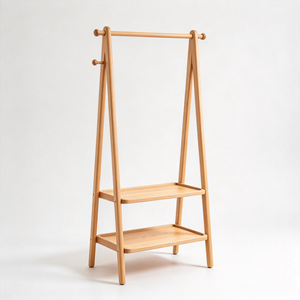 Porte-manteau en bois sur pied avec 2 étagères de rangement, organisateur de vêtements pour chambre à coucher - Product Image 1