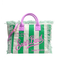 Sac fourre-tout en toile à franges pour femme, sac à bandoulière d'été pour la plage, sac à main à logo brodé, imprimé léopard rayé