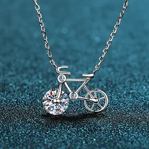 银色925原装1克拉灿烂切割钻石测试过去D色Moissanite创意自行车造型宝石吊坠项链