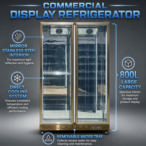 Enfriador de Exhibición Profesional de 800L con Interior de Acero Inoxidable y Espejo, Blanco Premium, Dos Puertas con Control Táctil Digital Inteligente - Product Image 3