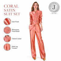 Ensemble tailleur femme finition satin corail, veste ajustée avec détails floraux perlés, pantalon large, du S au 3XL, pour acheteurs en gros