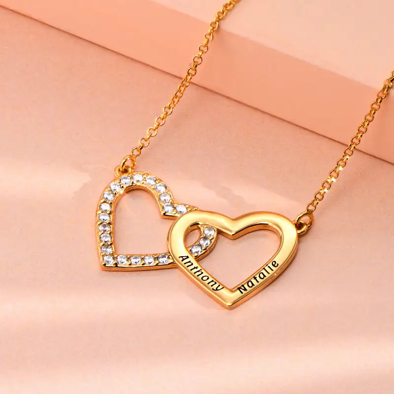 Love Gifts For Women Brass Zircon Inlaid Name Engraved Matching Double Heart Necklaces For Couples