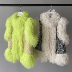 Gilet in <span class=keywords><strong>Tweed</strong></span> con finiture in vera pelliccia per donna Gilet da donna in misto lana senza maniche Gilet in <span class=keywords><strong>Tweed</strong></span> con pelliccia mongoliana - Product Image 1