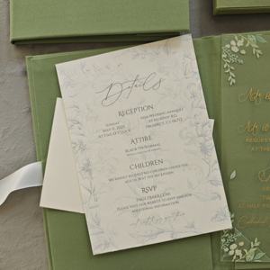 Invitación de Boda de Lujo Elegante en Verde Salvia con Monograma Dorado en Relieve, Sobre de Terciopelo, Acrílico, con Tarjetas de RSVP Detalladas - Product Image 4