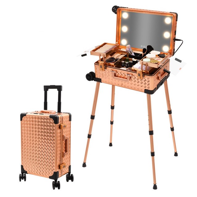 China Factory Low MOQ Easy Carry Touch Switch Portable Led Light Make up Aluminum case with Wheel
