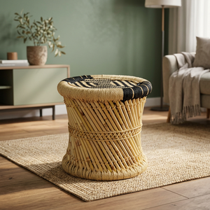 Modern Japanese Handcrafted Bamboo Wood Cane <b>Stool</b> Leather Upholstery Removable Cover Comfortable Custom Color Entry Hotel - Product Image 1