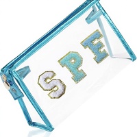 Pochette de maquillage transparente en PVC avec fermeture éclair et lettres brodées, étanche, portable, pour voyage en extérieur