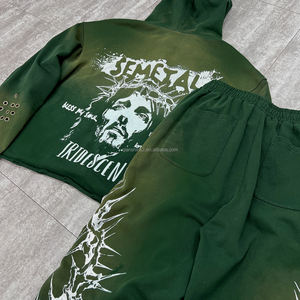 Conjunto Deportivo Unisex Holgado con Estampado, Sudadera con Capucha y Cremallera con Pedrería, Pantalones Deportivos, Conjunto Deportivo Grueso con Lavado Ácido para Hombre - Product Image 3