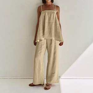 Enyami Custom Logo Chic estivo Beach Resort kaki tessuto Co Ords senza maniche Camis Top dritti Set 2 pezzi - Product Image 2