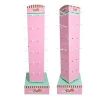 Présentoir publicitaire rotatif à 4 faces en carton ondulé pour bonbons, personnalisé, écologique, avec crochets métalliques et base carrée, pour vente au détail de sucettes
