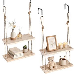 Simple wooden single-panel hemp rope hanging rack living room wall decorative <b>shelf</b>, no-drill multi-layer storage rack - Product Image 2