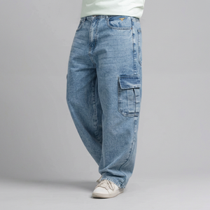 Jean cargo bleu clair pour homme, taille haute, coupe ample, en denim délavé, coton, style décontracté printemps - Product Image 1