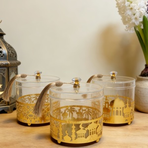 Decoración de Mesa Islámica 2026, Tazón Circular de Metal Dorado con Tapas de Plástico, Recipiente de Hierro para Guardar Dulces y Bocadillos, Regalos para Ramadán - Product Image 1