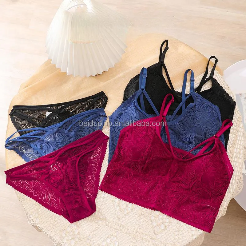 Set bra renda thong wanita, set bra renda tanpa kawat seksi modis push-up spandeks untuk wanita