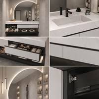 Meuble-lavabo flottant de luxe moderne avec vasque, miroir LED et étagère ouverte, idéal pour projets hôteliers sur mesure
