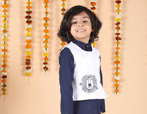 Adorable little <b>boy</b> in navy blue <b>kurta</b> with white waistcoat and pajama festive ethnic outfit front pose smiling child - Product Image 4