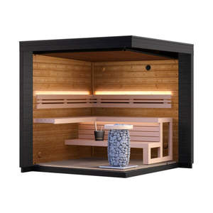 Nueva Sauna Exterior Cuadrada de Madera Maciza de Abeto Canadiense para 4 Personas, Ventanas Grandes de Vidrio, Bancos Dobles, Estufa Harvia, Entrega Rápida - Product Image 2
