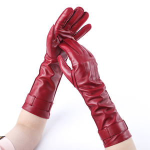Heißer Verkauf Rote Lange Party-Lederhandschuhe für Damen aus Schafsleder mit Riemenmanschette - Product Image 1