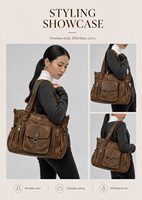 Sac bandoulière vintage grande capacité multi-poches pour femme, en cuir souple vieilli, avec fermeture éclair en polyester, nouvelle collection 2026
