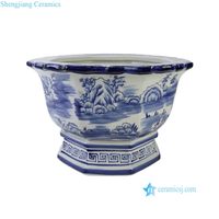 Pot de fleurs en porcelaine RZSC76-B, style chinoiserie bleu et blanc, paysage de pavillon chinois, bord festonné octogonal