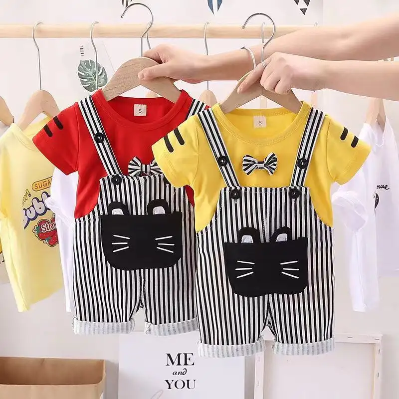 Stripe Baby Overalls Set Cat Print Kids Two Piece Sets Boys Fashion Newborn Baby Boys Clothes Suit