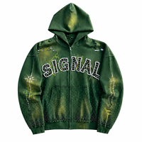 Sudaderas de algodón extragrandes con cuello redondo y bordado de apliques personalizados para hombre, sudaderas con capucha pesadas con cremallera y pedrería desgastada