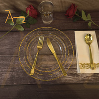 Vente en gros d'assiettes rondes en plastique jetables à bord dorées vaisselle de luxe d'assiettes transparentes à bord doré pour mariage, banqunt et fête