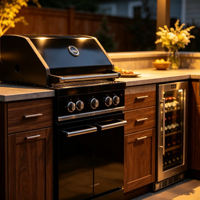 Cuisine extérieure moderne en acier inoxydable en forme de L, résistante aux intempéries, avec charnières d'armoires, station barbecue, refroidisseur à vin, évier et crédence