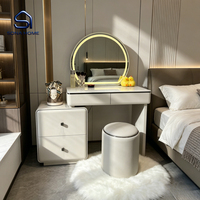 Ensemble de coiffeuse moderne blanc brillant avec miroir LED rond, armoire amovible et tabouret pour chambre à coucher