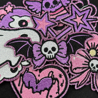Patch thermocollant rose à bords pailletés, motif chat, sac, fleur, fantôme, nœud violet d'Halloween pour veste en jean et sac à dos DIY