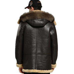 Giacca da <span class=keywords><strong>uomo</strong></span> calda in pelle di pecora con pelliccia, giacca bomber B-3 in vera pelle con cappuccio - Product Image 3