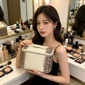Elegant Crocodile Skin Cosmetic <b>Case</b> Large capacity Zipper Closure Portable <b>Makeup</b> Bag with Soft Handle - Product Image 4