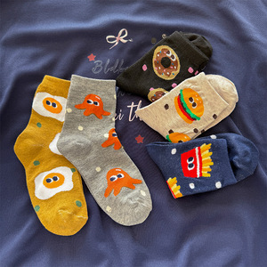 Crew <b>Socks</b> Women Cartoon Snack Pattern Mid Calf Breathable Sweat Absorbing Regular Casual <b>Socks</b> With Fried Egg Burger Fries - Product Image 4