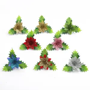 Poinsettia Glitter Christmas Holiday Decoration Artificial Plant 13CM Green Leaf Combination Christmas Flower