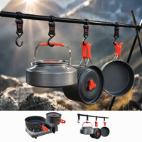 Ensemble de cuisine de camping, bouilloire pliable, casserole, poêle à frire, pot suspendu, kit de cuisine d'extérieur, en alliage d'aluminium anodisé dur