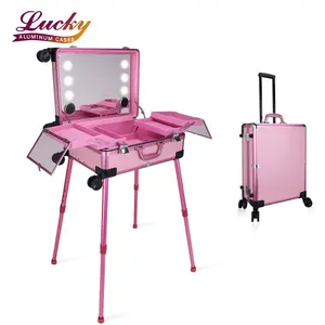 Portable Beauty Vanity Makeup Trolley Case Travel Train With LED Light/Mirror Case For Cosmetics