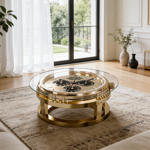 Mesa de Centro Moderna de Lujo con Forma de Reloj de Oro, Tapa Redonda de Vidrio y Fibra de Vidrio, Diseño de Escritorio para Sala de Estar - Product Image 3