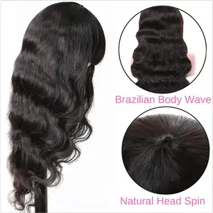 Kl — perruque Body Wave brésilienne naturelle, avec frange, cheveux humains, couleur naturelle, sans dentelle, faite à la Machine, pour femmes
