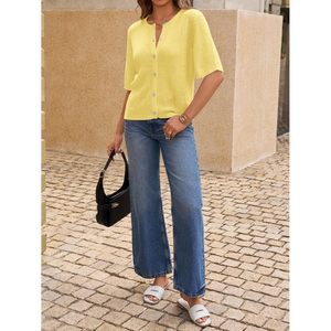 Cardigan court à manches courtes pour femme, en tricot boutonné, léger, haut d'été décontracté, chemisier respirant, pull tendance - Product Image 5