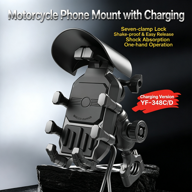 7-Claw Motorcycle Phone Mount Wireless Charger Shockproof Quick Release 15W Fast Charging 360° Handlebar Holder Anti-Theft