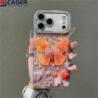 Coque de téléphone portable haut de gamme avec cadre d'objectif d'appareil photo en diamant papillon perlé orange scintillant pour iPhone 14-17 Pro/promax