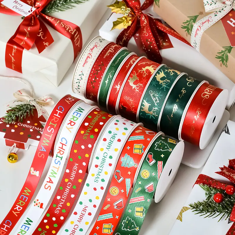 Cinta de Navidad de poliéster Ribest, cinta impresa personalizada para decoración de Navidad, logotipo, decoración de habitación, 100 yardas/rollo