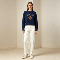 Pull-over en tricot épais et chaud de couleur marine, personnalisé, de haute qualité, à manches longues, style décontracté, Emilia Undefined, OEM & ODM, pour l'hiver