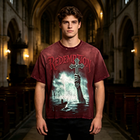 T-shirt surdimensionné pour homme, style grunge vintage streetwear, avec broderie graphique de croix gothique, effet vieilli, couleur bordeaux délavé, personnalisé