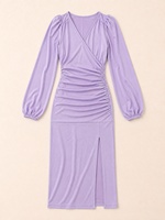 Nouvelle robe pour femme lavande, col en V, manches longues bouffantes, taille froncée, fente avant, robe moulante élégante mi-longue