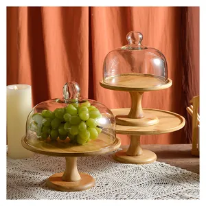 Vajilla Accesorio de postre Soporte de pastel de bambú con cúpula de vidrio para fiesta de boda