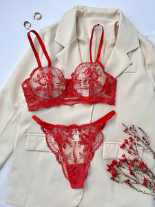 Wholesale Floral Embroidery Lingerie <b>Set</b> <b>Sexy</b> Sheer Mesh Underwire Bra and Thong Panties <b>Set</b> 2 Piece Lace Intimates <b>Set</b> with Bow - Product Image 4