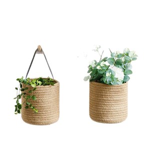 Cotton Rope Woven <b>Basket</b> Round <b>Wall</b> Mounted <b>Storage</b> <b>Basket</b> With Leather Strap <b>For</b> Home Decor And Organization - Product Image 3